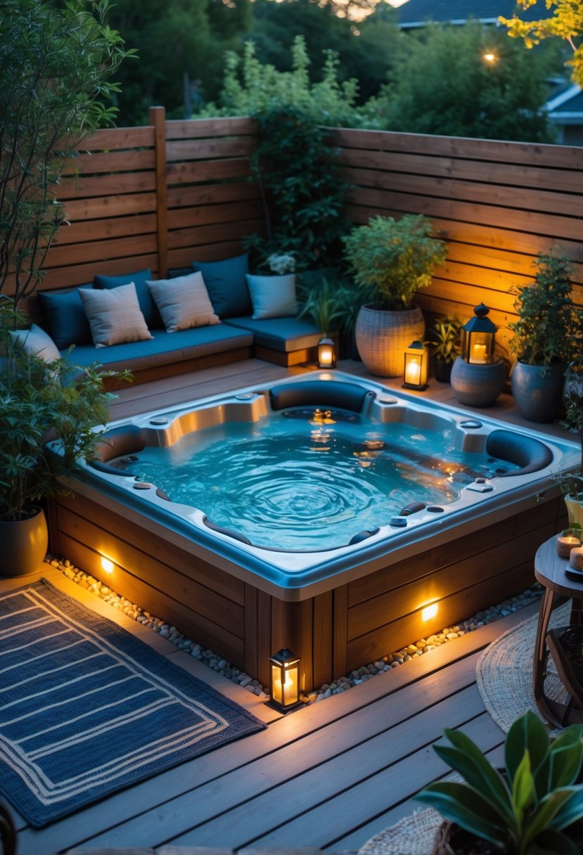 A small backyard with a built-in in-ground jacuzzi surrounded by plants and wooden decking, featuring cozy seating and soft lighting.
