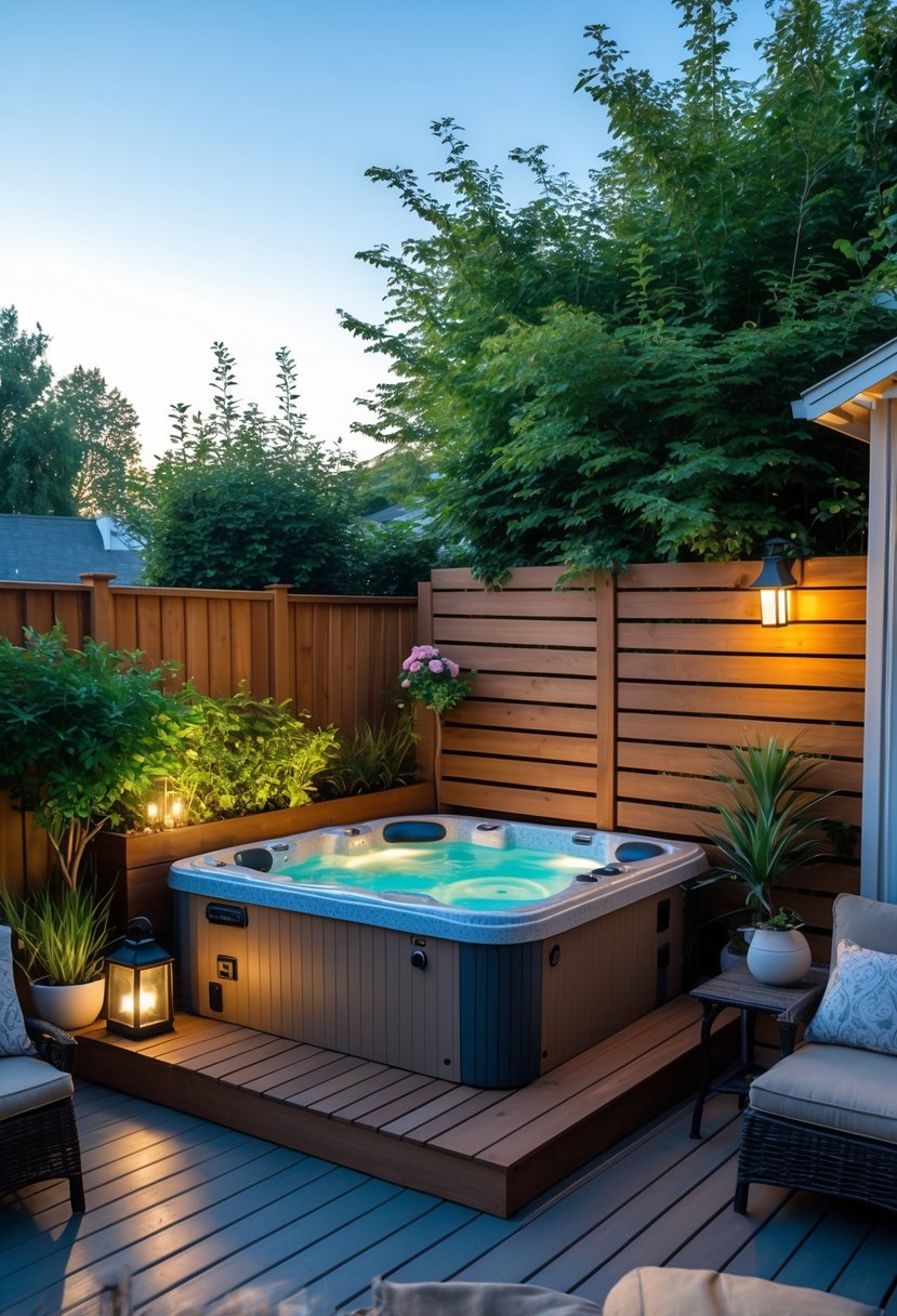 A small backyard patio with a wooden deck and a built-in jacuzzi surrounded by plants and outdoor seating.
