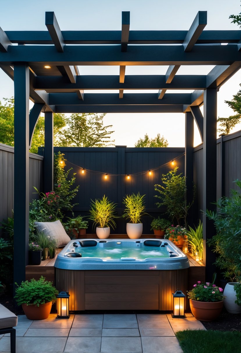Small backyard with a covered outdoor jacuzzi surrounded by plants and seating under a wooden pergola.