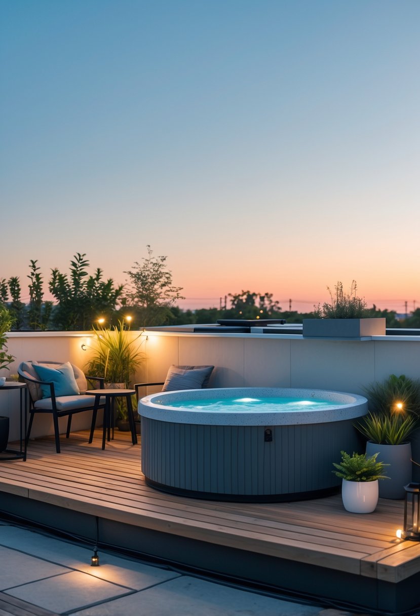 Outdoor rooftop balcony with a small jacuzzi surrounded by wooden decking, plants, and seating under warm natural light.
