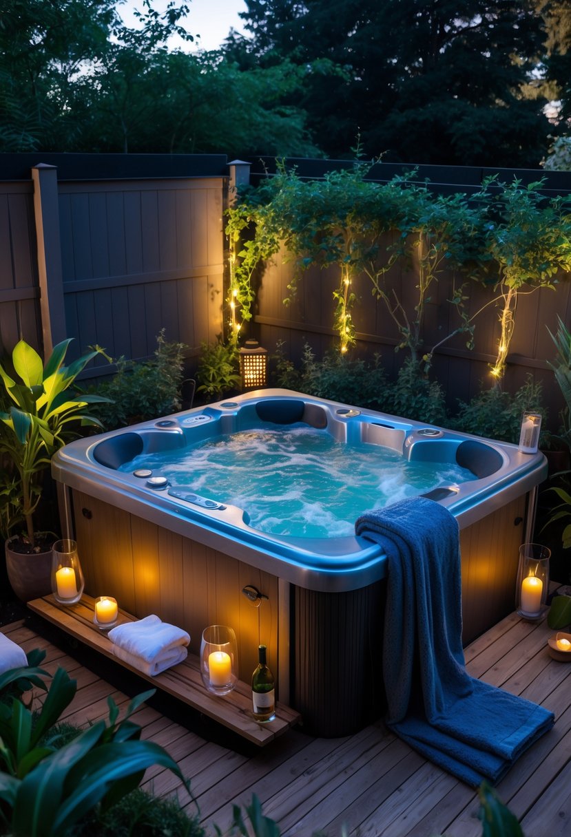 Outdoor jacuzzi in a small backyard surrounded by plants, soft lights, and candles, with a table holding wine glasses nearby.