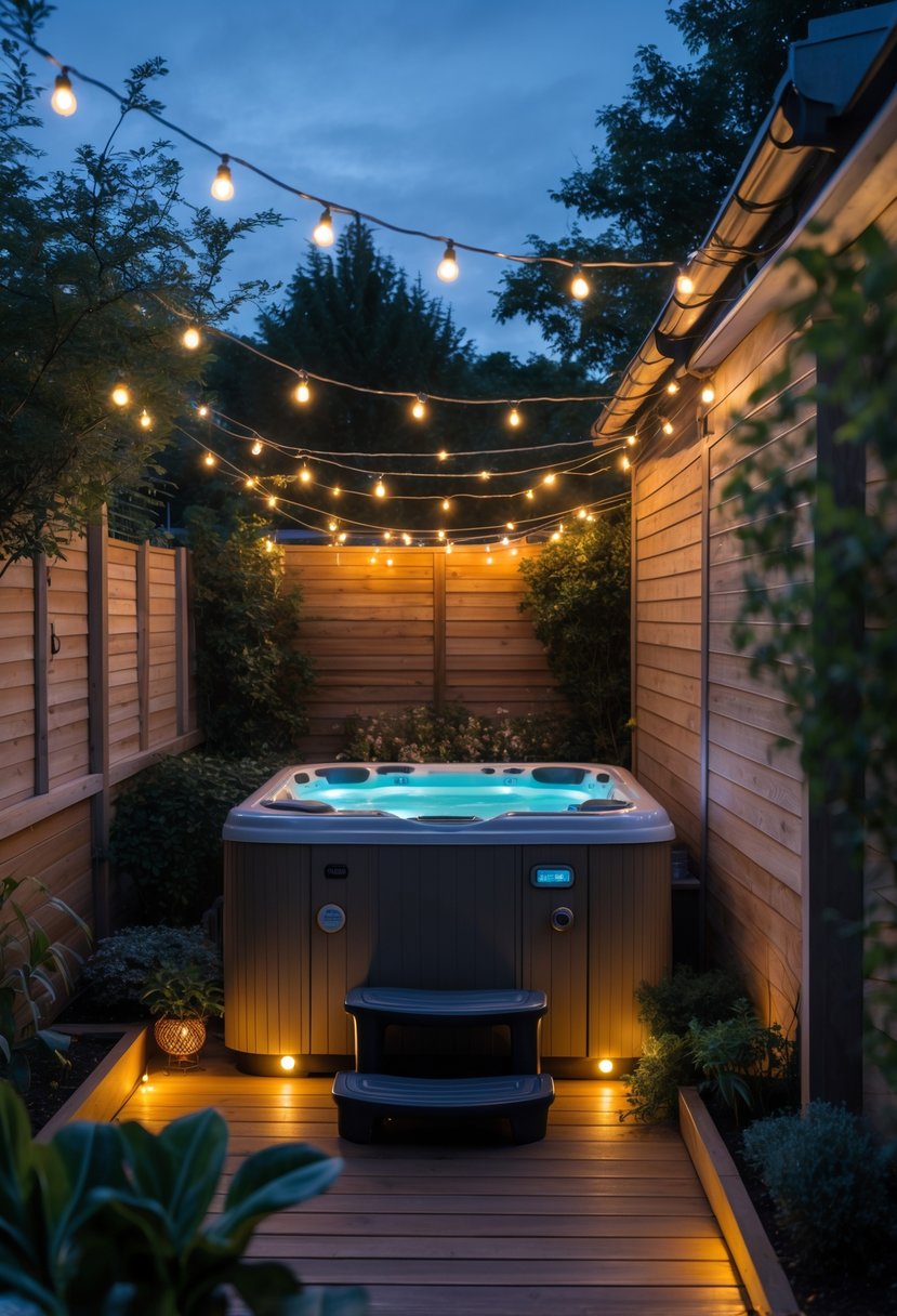 Small backyard with a modern outdoor jacuzzi surrounded by warm ambient lighting and greenery during twilight.