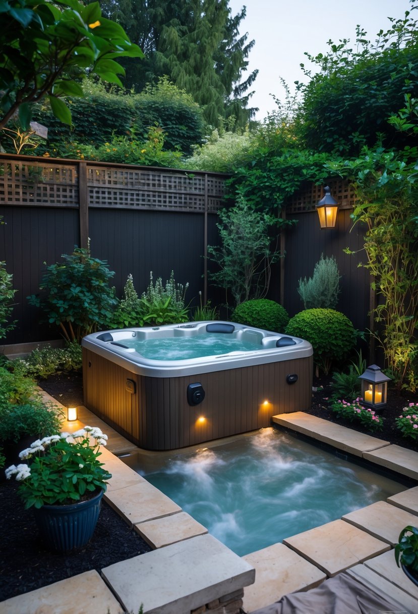 A small backyard with an outdoor jacuzzi surrounded by plants, stone paving, and wooden decking.