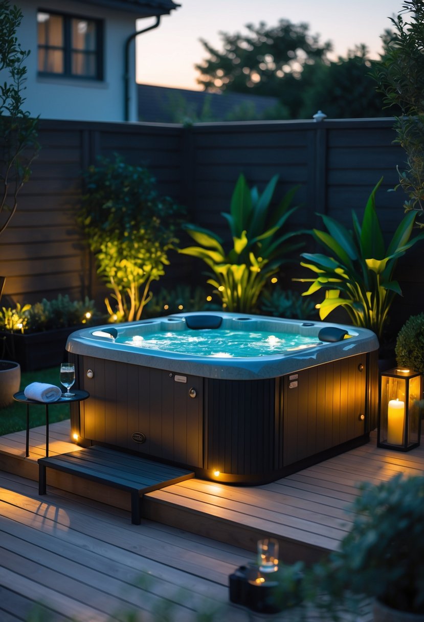 A small backyard with a modern outdoor jacuzzi surrounded by wooden decking, plants, and soft lighting.