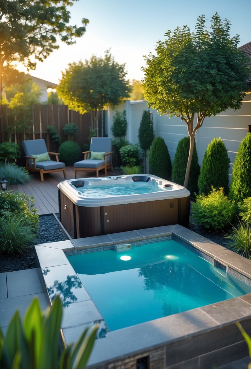 A small backyard with a modern outdoor pool and connected jacuzzi surrounded by plants and wooden decking.
