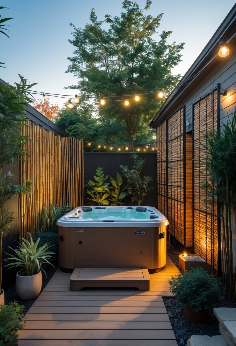 Small backyard with an outdoor jacuzzi surrounded by plants and privacy screens, creating a cozy and secluded space.