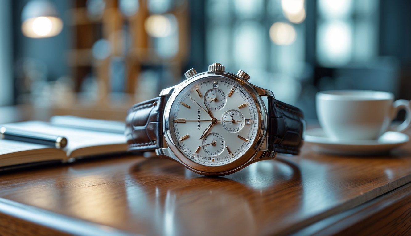 Foto jam tangan mewah Patek Philippe diletakkan di atas permukaan kayu dengan latar belakang ruangan modern yang samar.