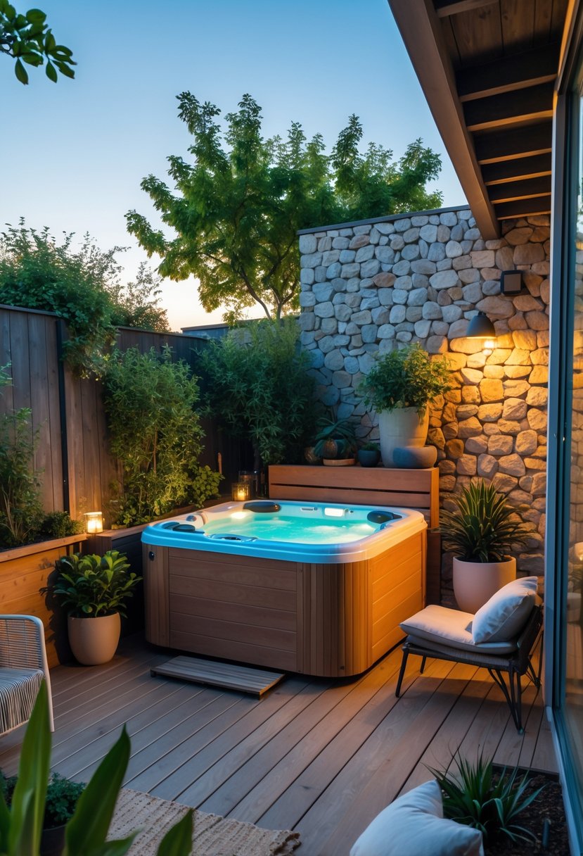 A small backyard with an outdoor jacuzzi surrounded by plants, wooden deck, and seating under natural daylight.