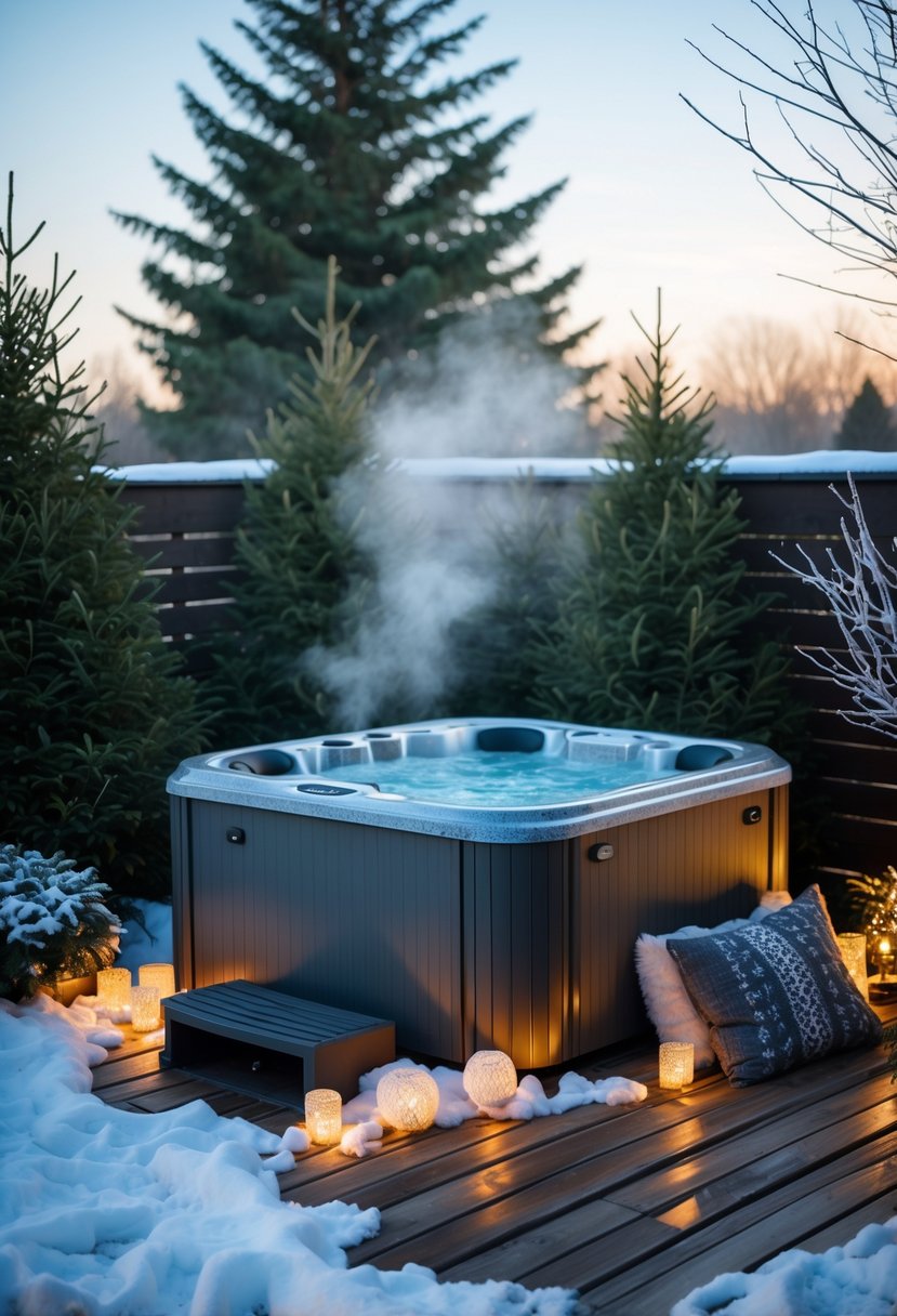 Small backyard with a steaming outdoor jacuzzi surrounded by winter plants and cozy seating.