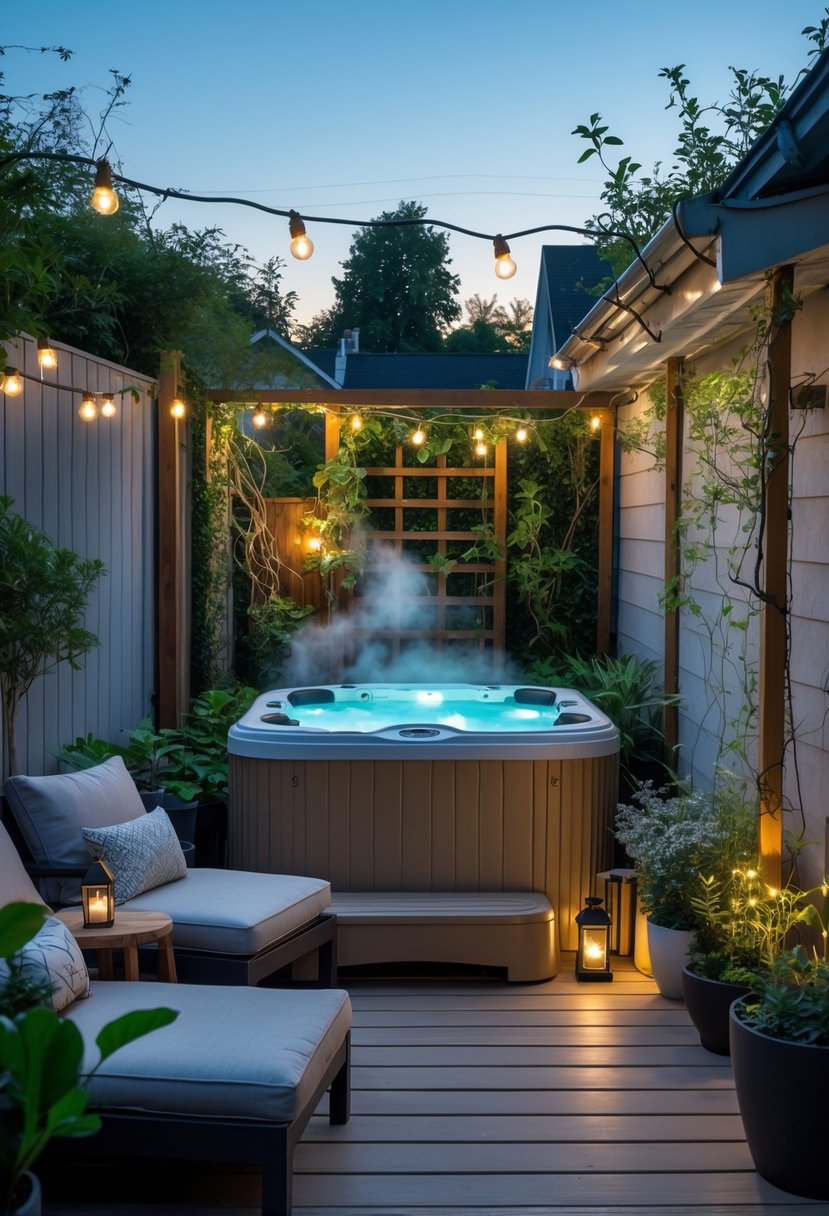 Small backyard with an outdoor jacuzzi surrounded by plants, wooden deck, and comfortable seating under soft lighting.