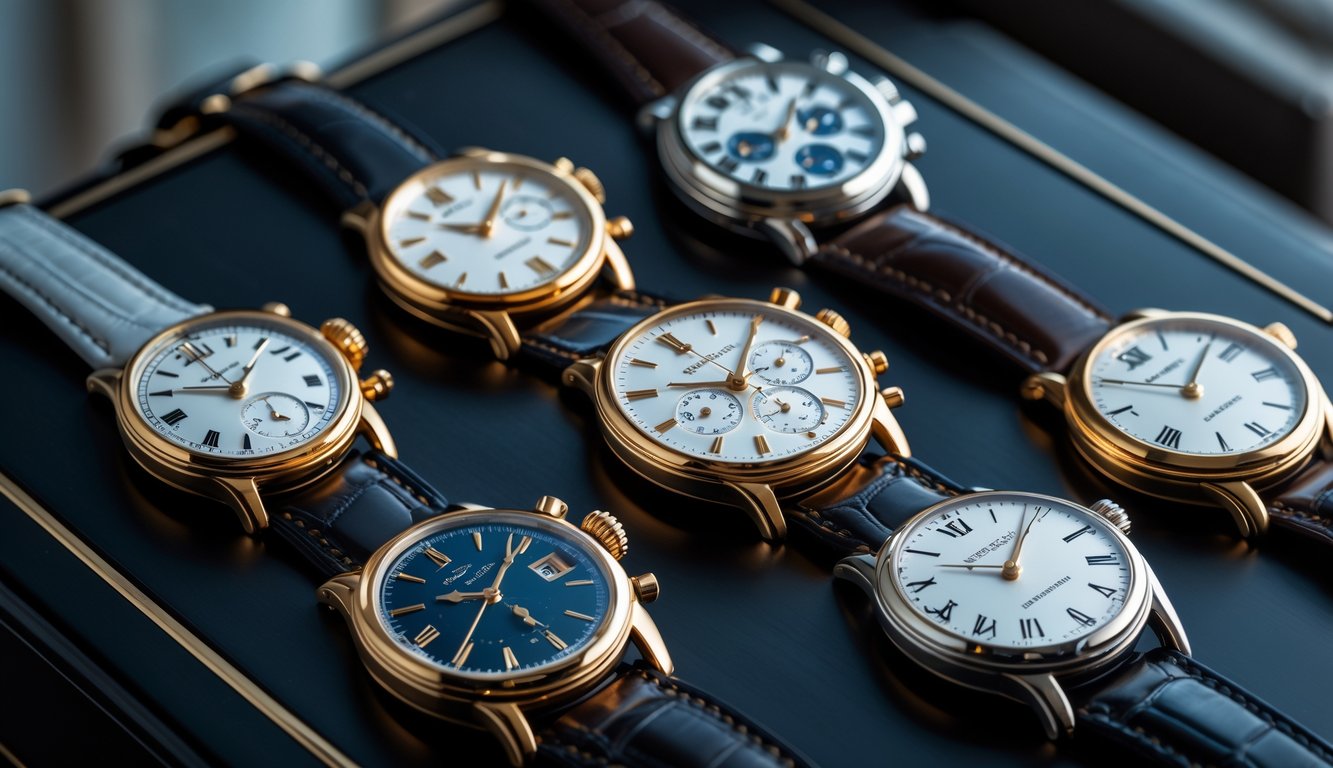 Koleksi jam tangan Patek Philippe mewah yang dipajang di atas permukaan kayu gelap dengan pencahayaan lembut.