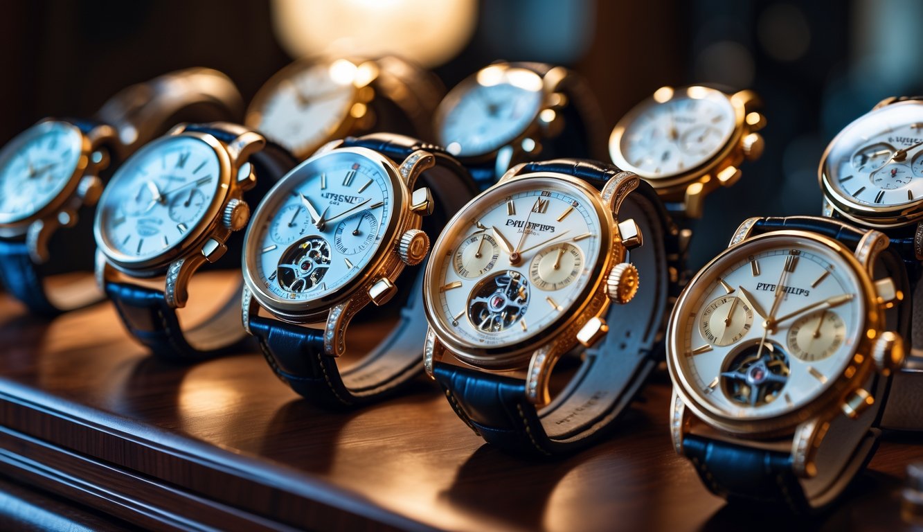 Beberapa jam tangan mewah Patek Philippe yang dipajang rapi di atas permukaan kayu dengan pencahayaan hangat.