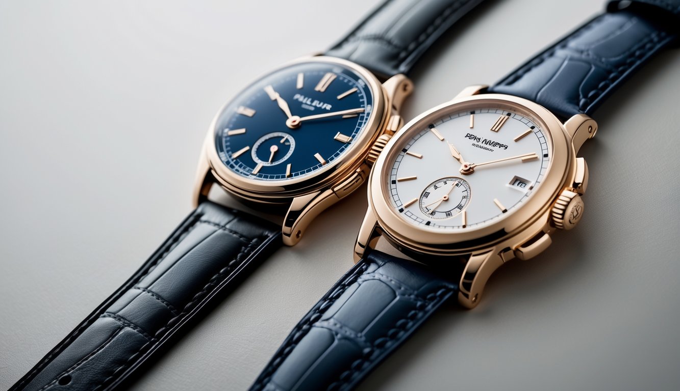 Dua jam tangan mewah diletakkan berdampingan, satu asli dan satu palsu, dengan fokus pada perbedaan detail dan kualitas.