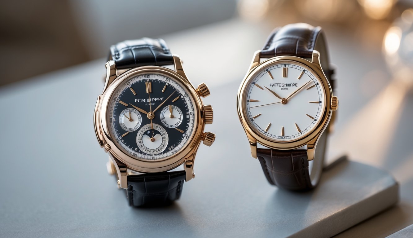 Dua jam tangan mewah diletakkan berdampingan, satu asli dan satu palsu, dengan fokus pada perbedaan detail dan kualitasnya.