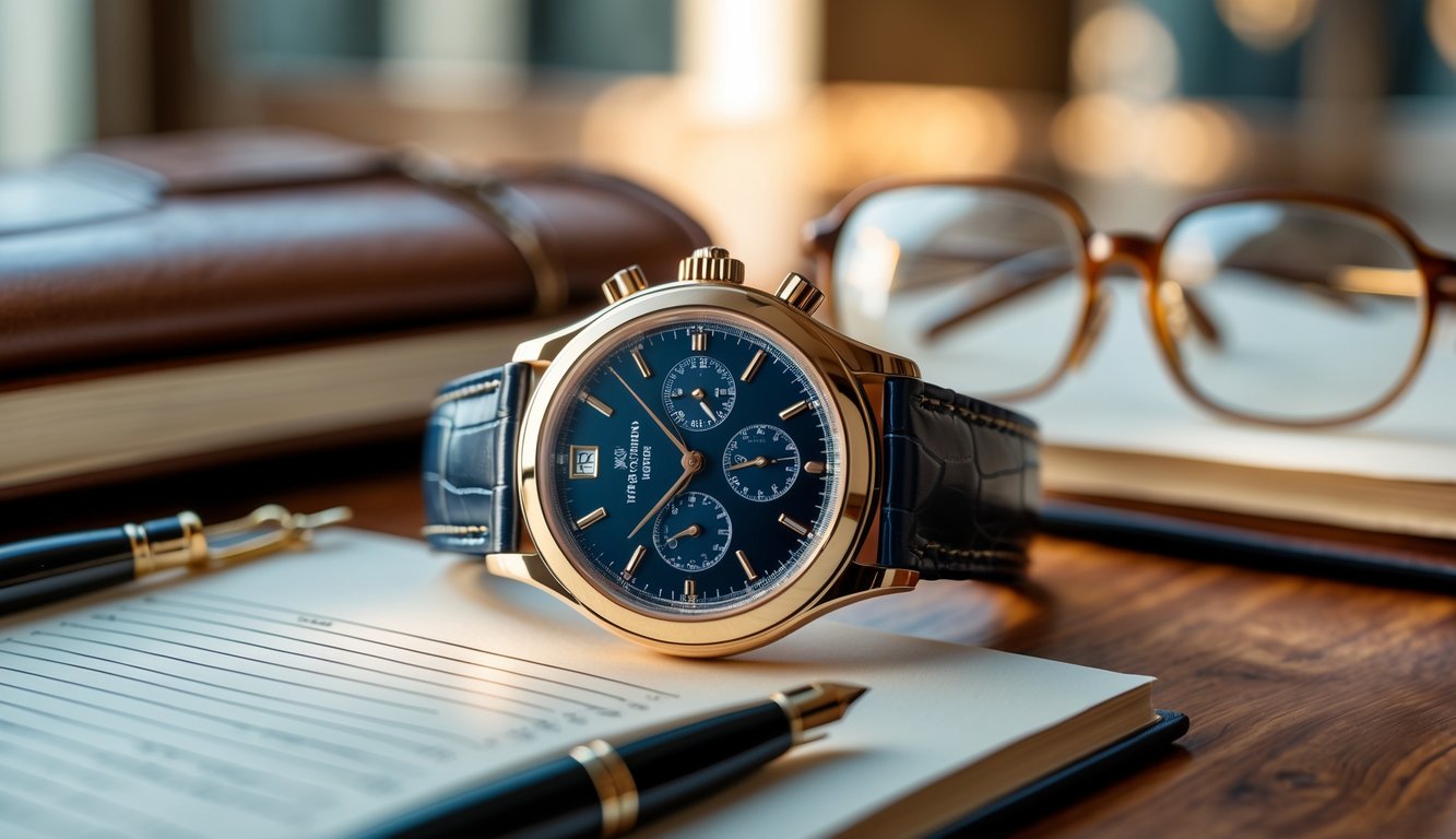 Sebuah jam tangan Patek Philippe mewah diletakkan di atas meja kayu dengan buku catatan keuangan, pena, dan kacamata di sekitarnya.