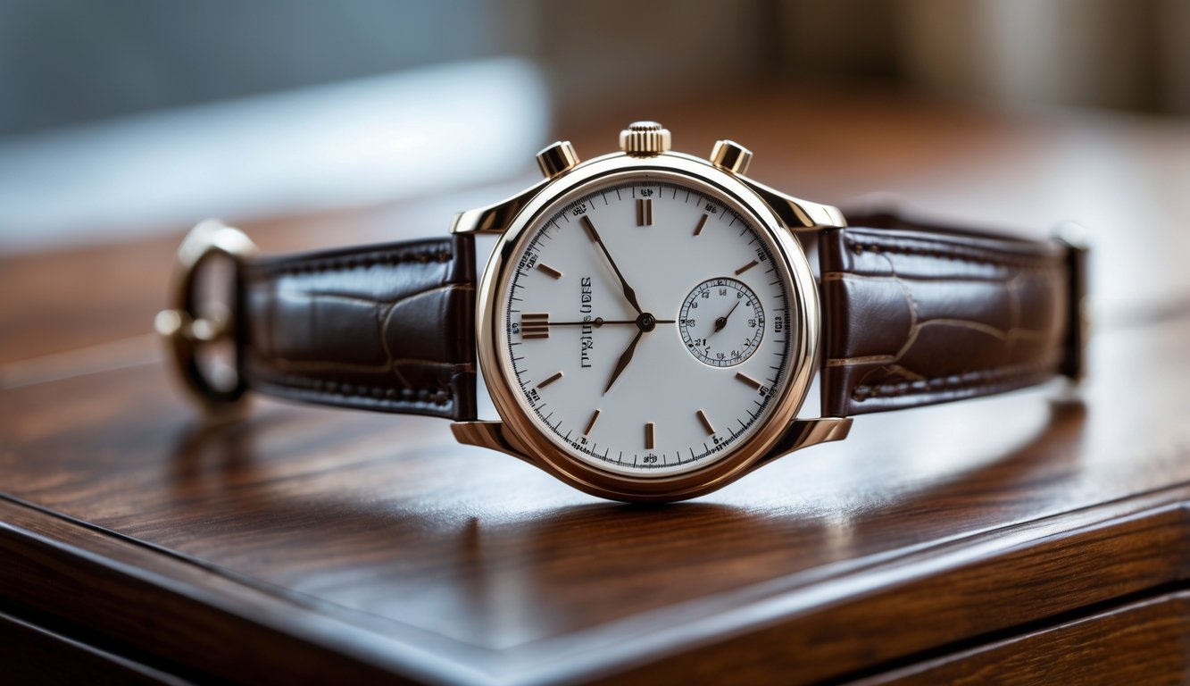 Foto jam tangan Patek Philippe mewah dengan tali kulit di atas permukaan kayu, fokus pada detail dan keindahan jam.