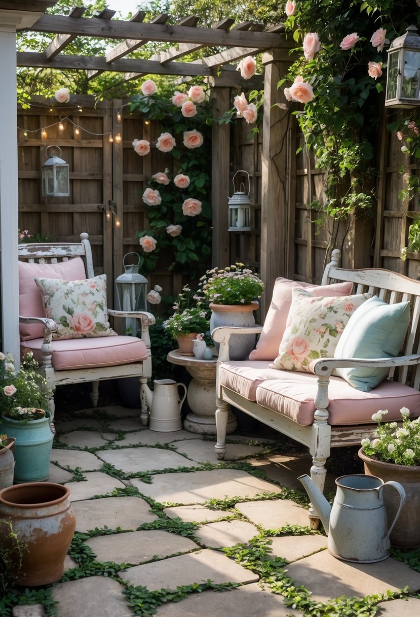 A cozy garden patio with wooden furniture, cushions, potted plants, and climbing flowers under soft sunlight.