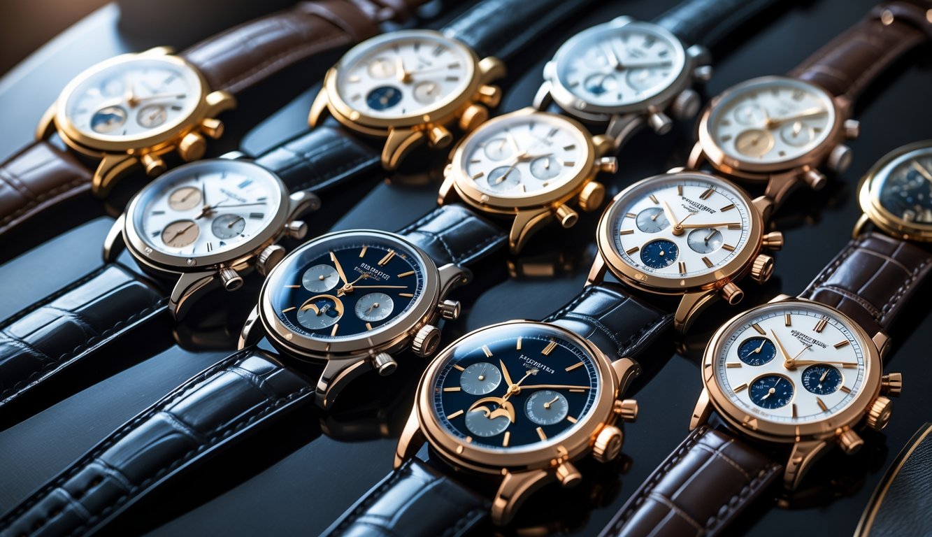 Beberapa jam tangan Patek Philippe mewah tersusun rapi di atas permukaan kayu gelap.