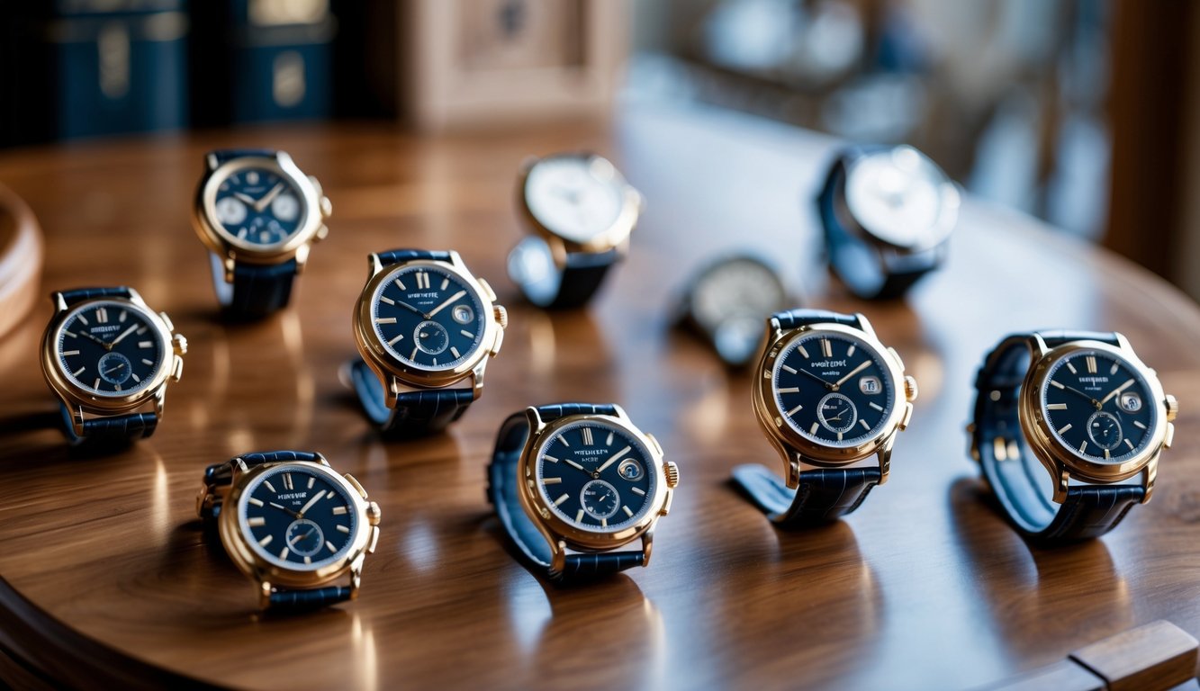 Beberapa jam tangan Patek Philippe yang elegan dan mewah ditampilkan rapi di atas permukaan kayu dengan pencahayaan lembut.