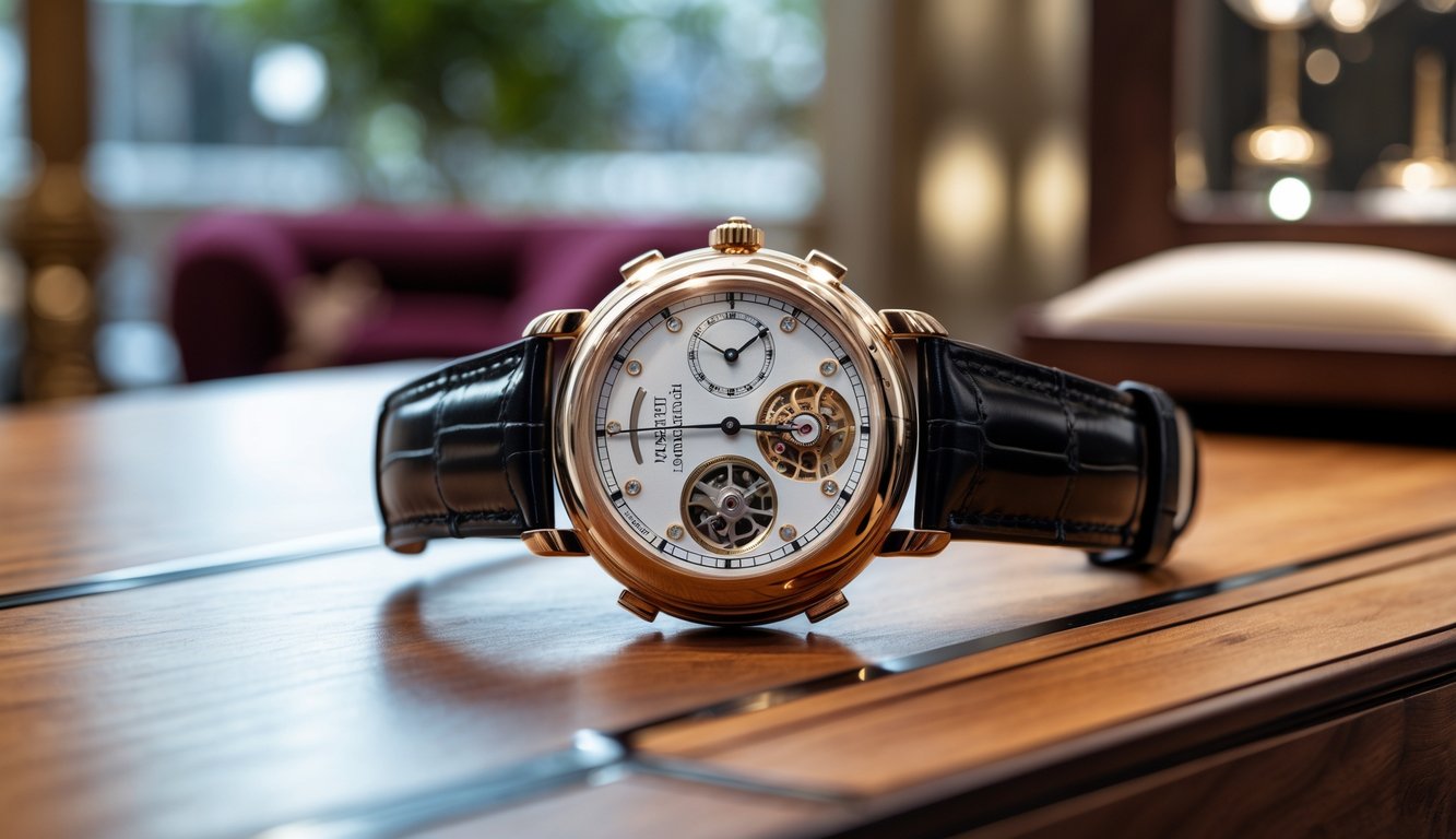 Jam tangan mewah Patek Philippe diletakkan di atas meja kayu dengan tampilan mekanisme jam yang rumit dan tali kulit berkualitas tinggi.