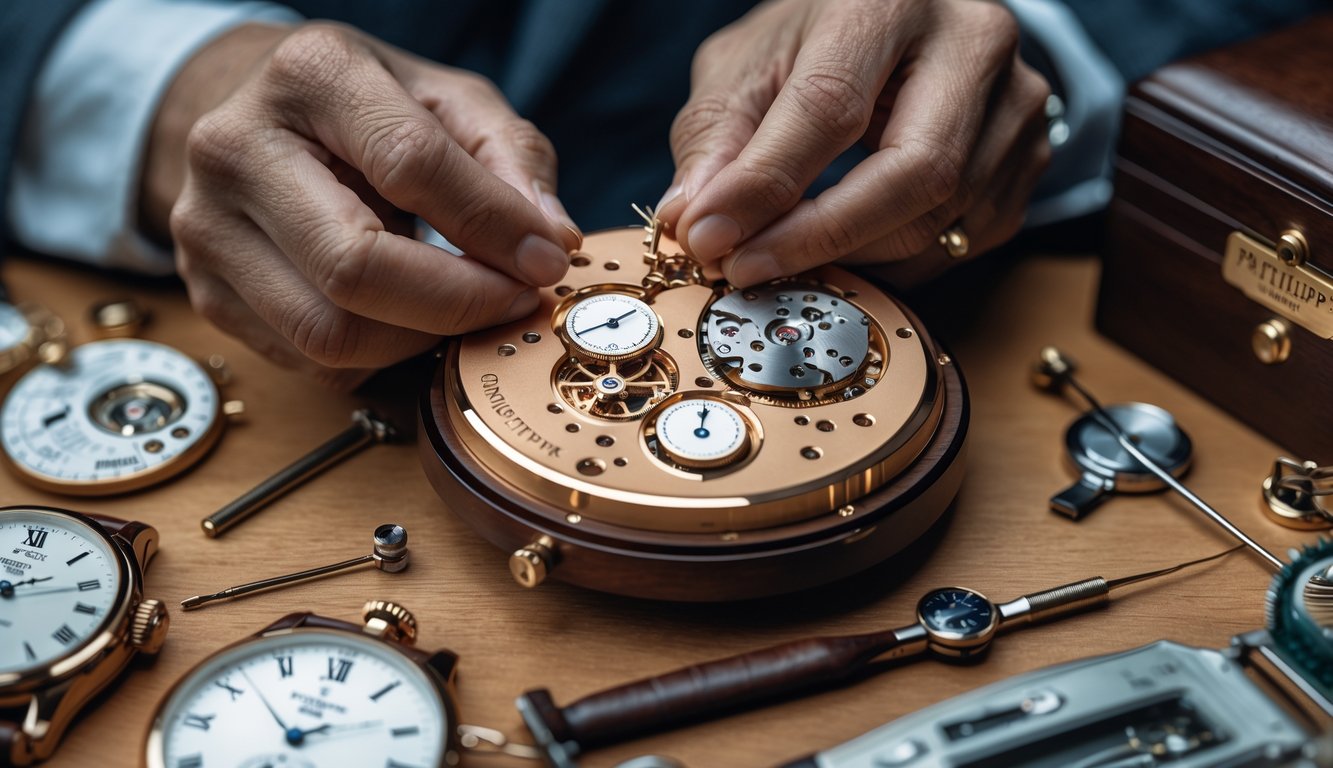 Tangan seorang pembuat jam sedang merakit bagian dalam jam Patek Philippe dengan alat-alat pembuat jam di atas meja kayu.