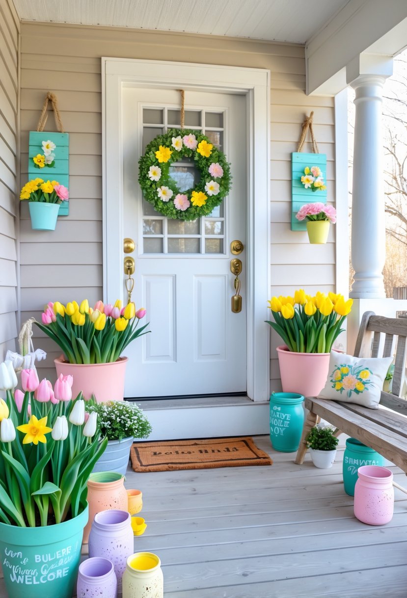 A bright spring porch decorated with colorful flowers, handmade wreaths, and painted jars on a wooden bench.