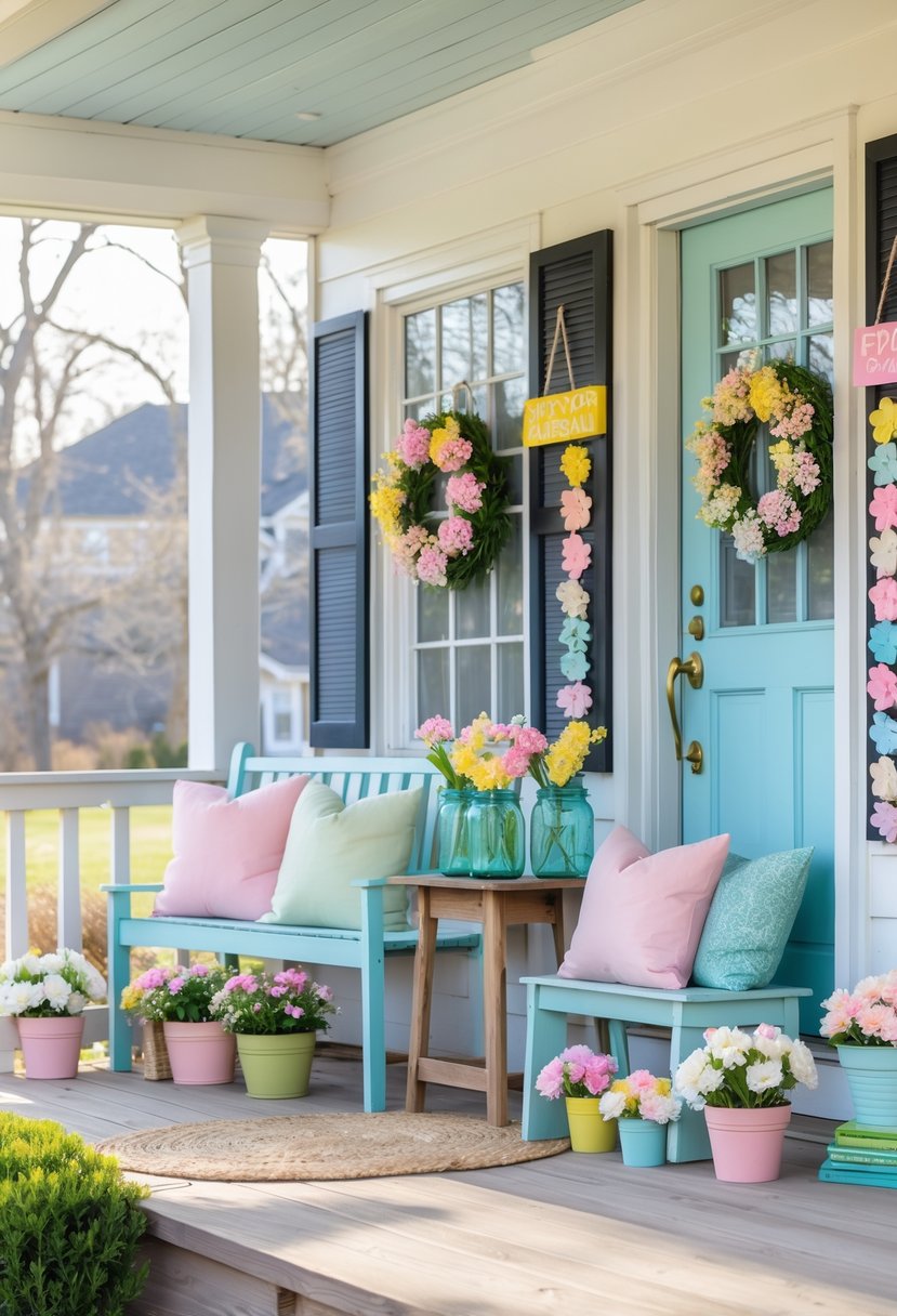 A porch decorated with spring flowers, potted plants, cushions, and handmade floral wreaths, creating a bright and welcoming outdoor space.