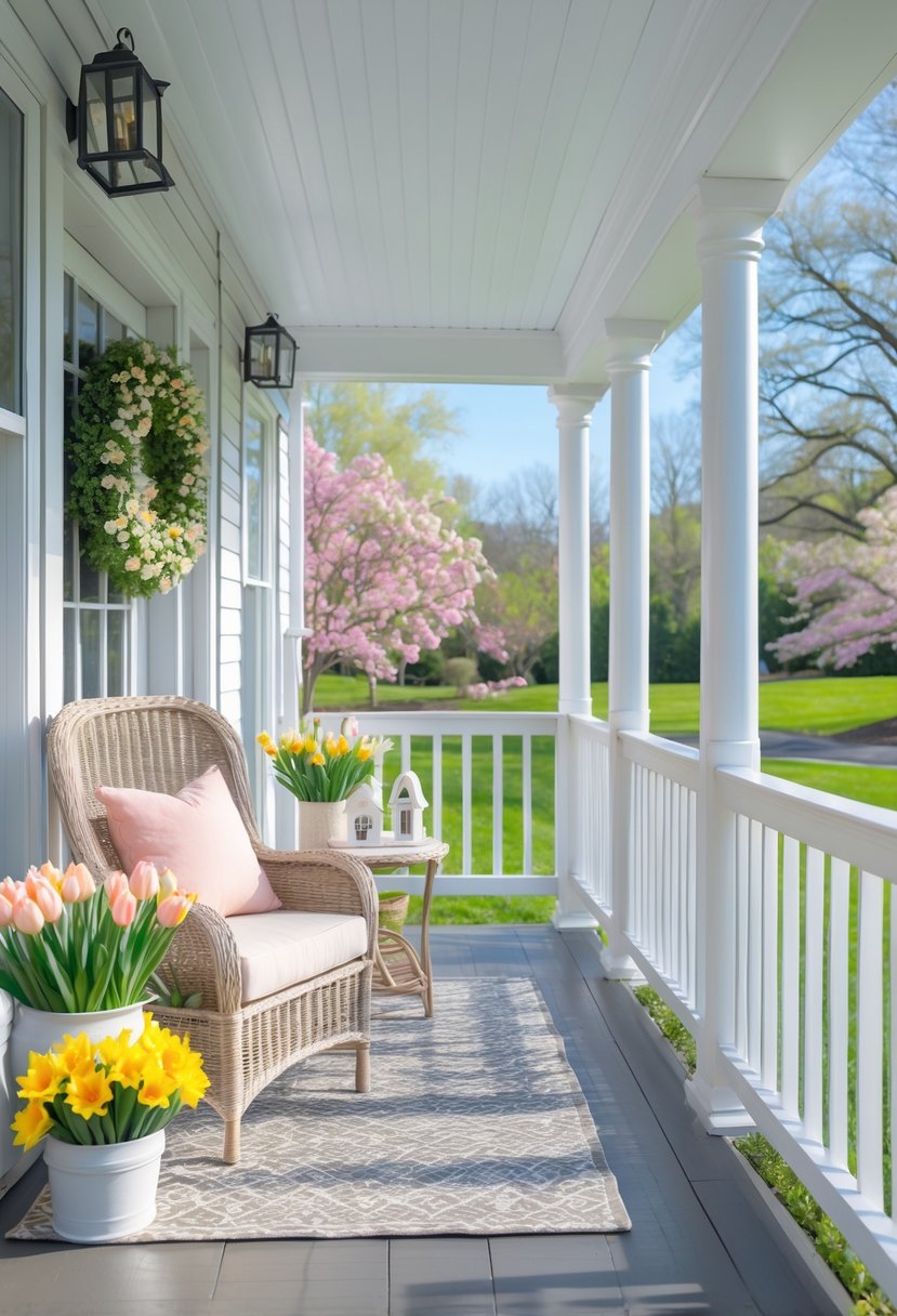 A spring porch decorated with flower pots, a wicker chair, a small table with flowers, and seasonal decorations under natural sunlight.