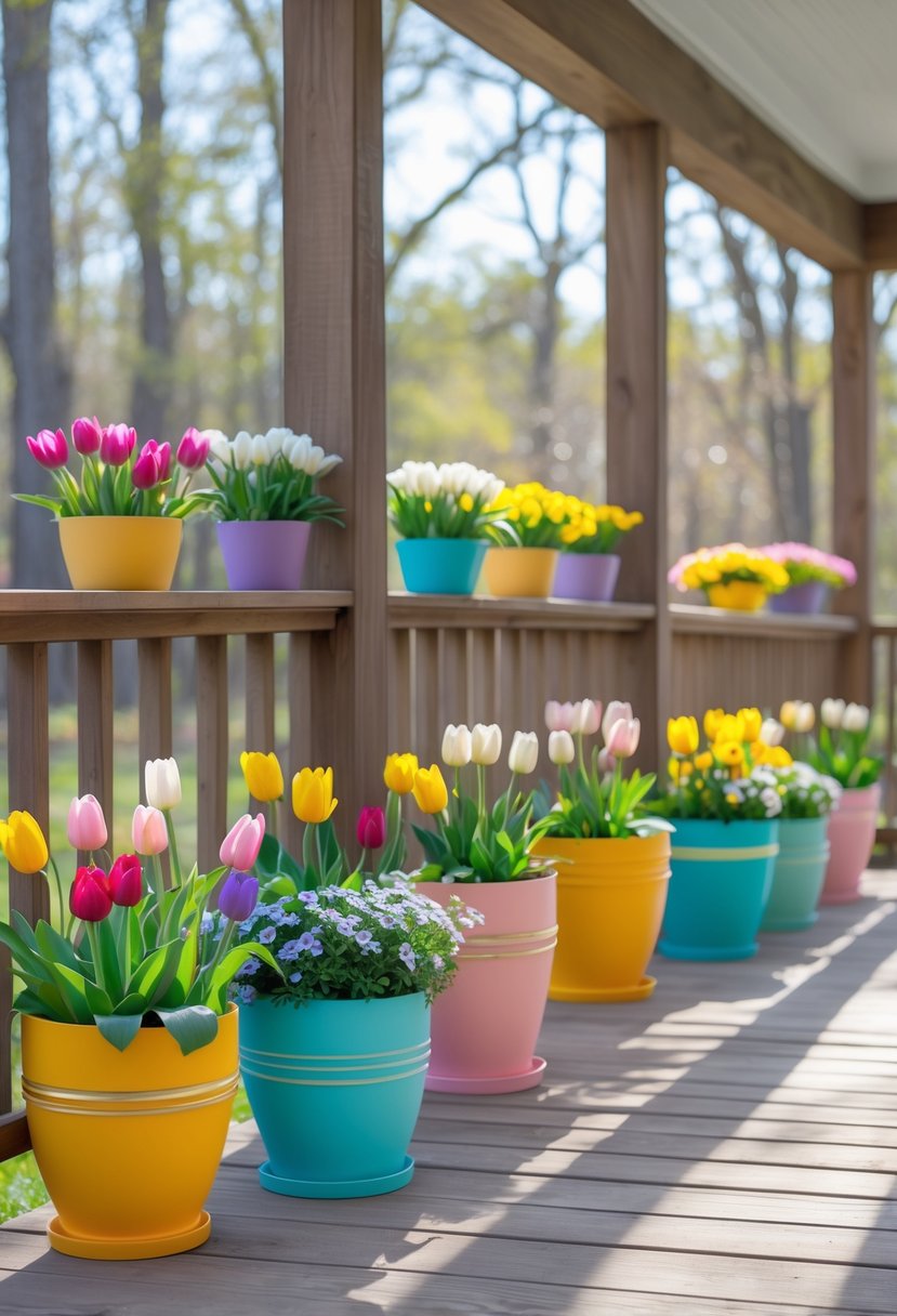 A porch decorated with colorful flower pots holding blooming spring flowers arranged outdoors.