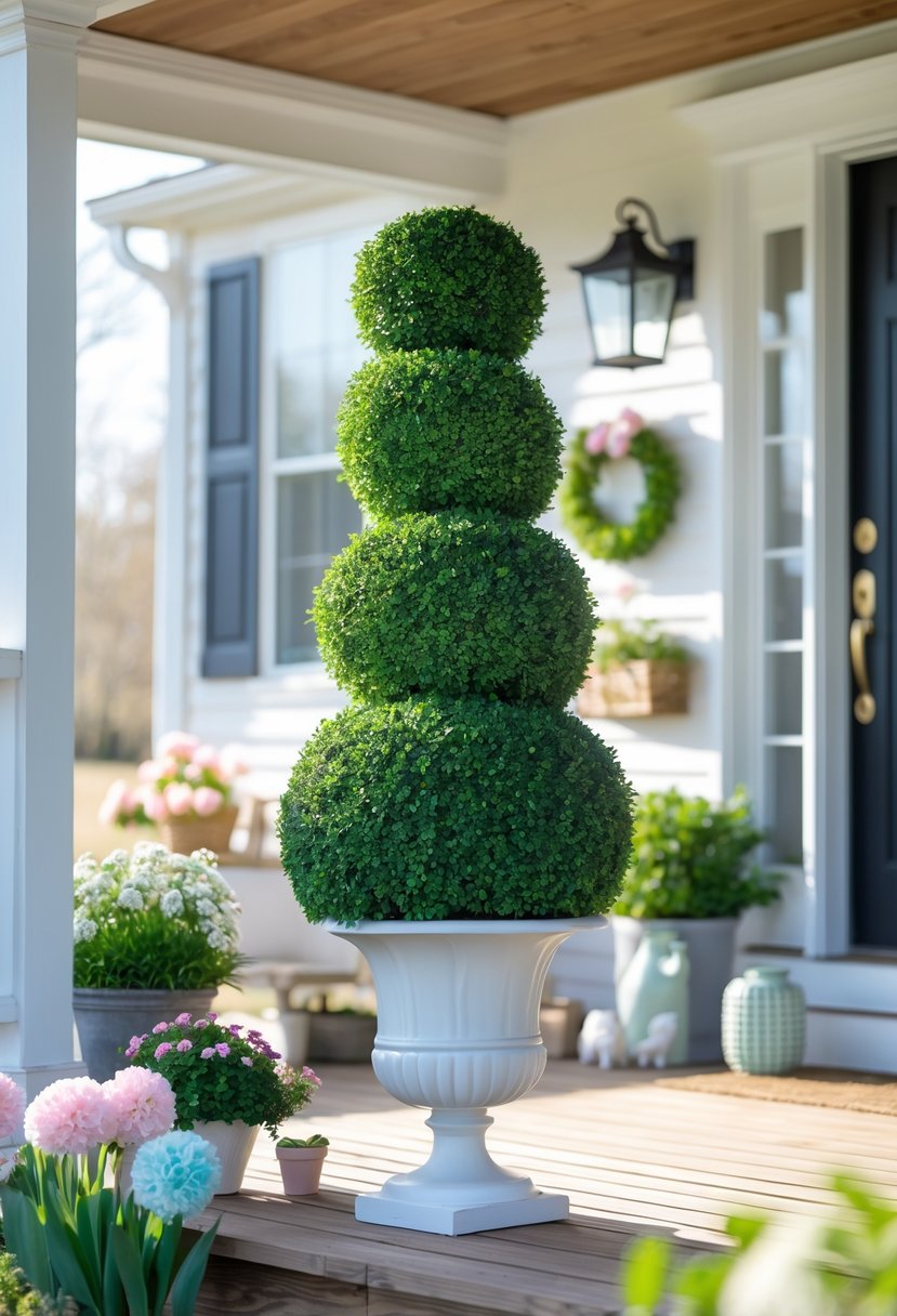 A green DIY outdoor topiary in a planter on a wooden porch decorated with spring flowers and plants.