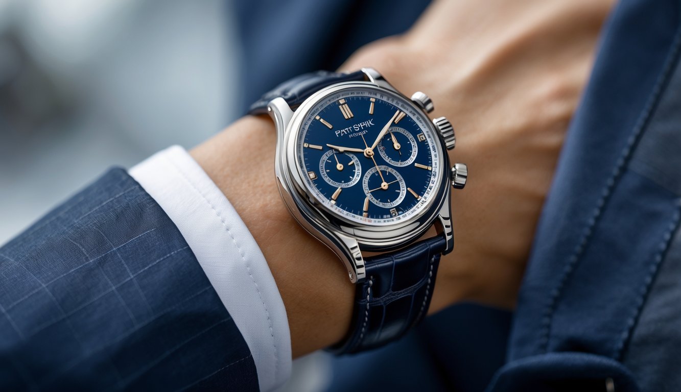 Jam tangan pria elegan Patek Philippe dikenakan di pergelangan tangan pria dengan latar belakang samar.