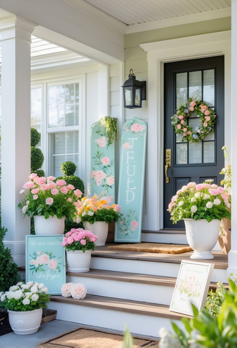 A front porch decorated with elegant spring and summer floral signs, potted flowers, and greenery around a clean wooden doorway.