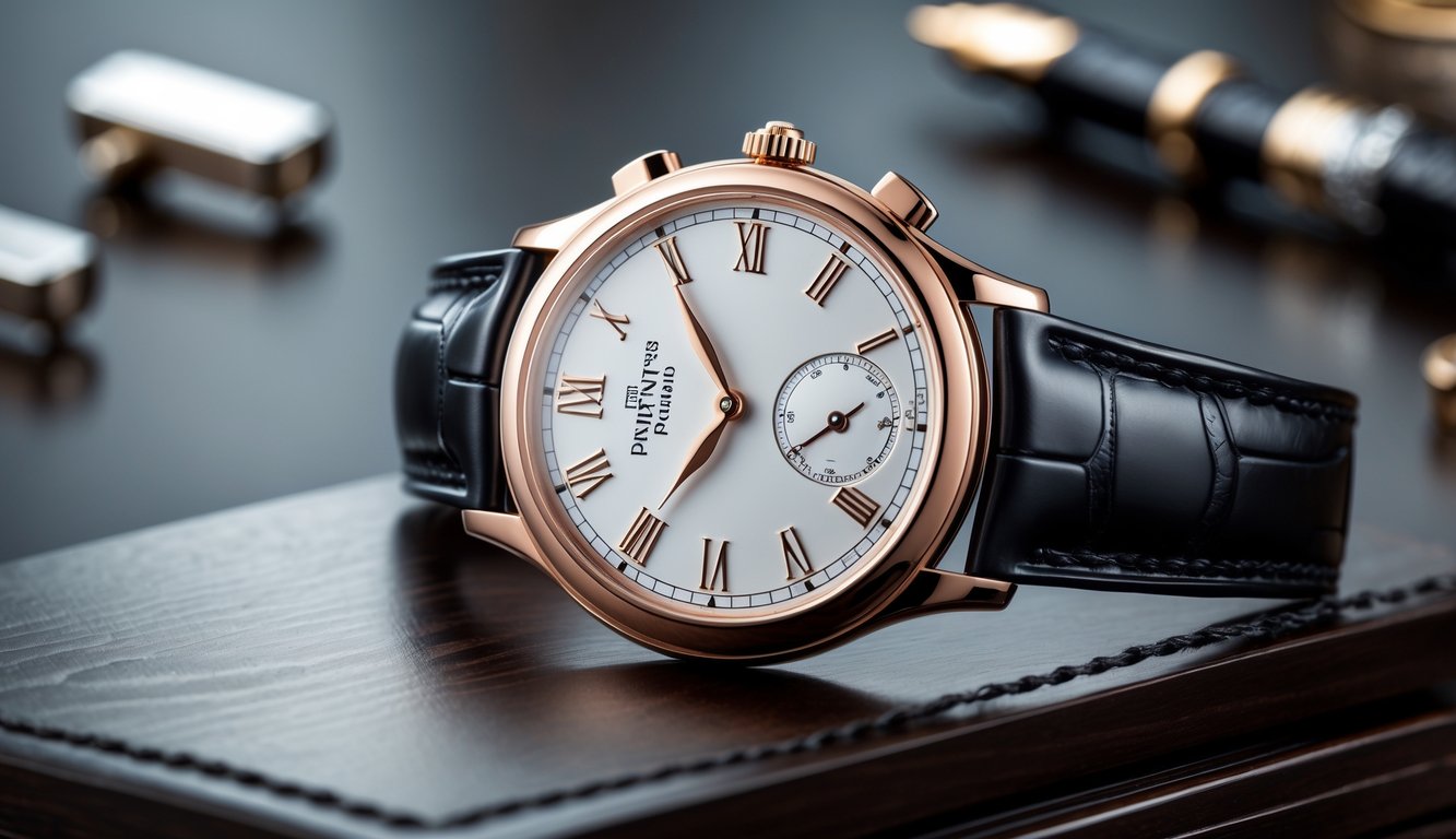 Jam tangan pria elegan Patek Philippe diletakkan di atas permukaan kayu dengan aksesori mewah di latar belakang.