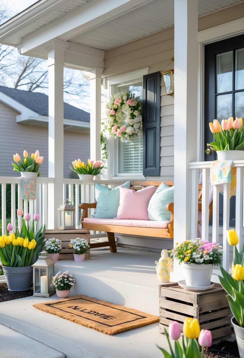 A front porch decorated with pastel cushions, potted spring flowers, lanterns, and rustic wooden crates, creating a warm and inviting outdoor seating area.