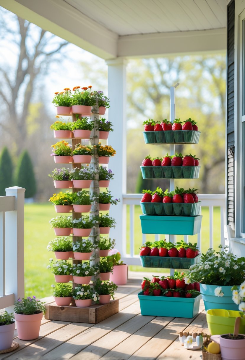 A spring porch with a vertical garden of small pots and a strawberry tower displaying ripe strawberries, surrounded by spring plants and decor.