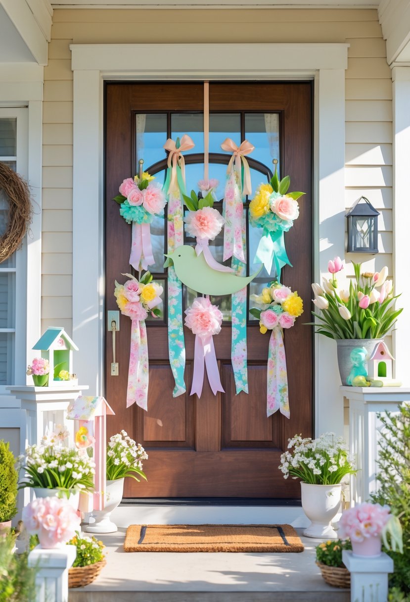 A wooden front door decorated with colorful spring-themed door hangers and surrounded by potted flowers and porch decorations.
