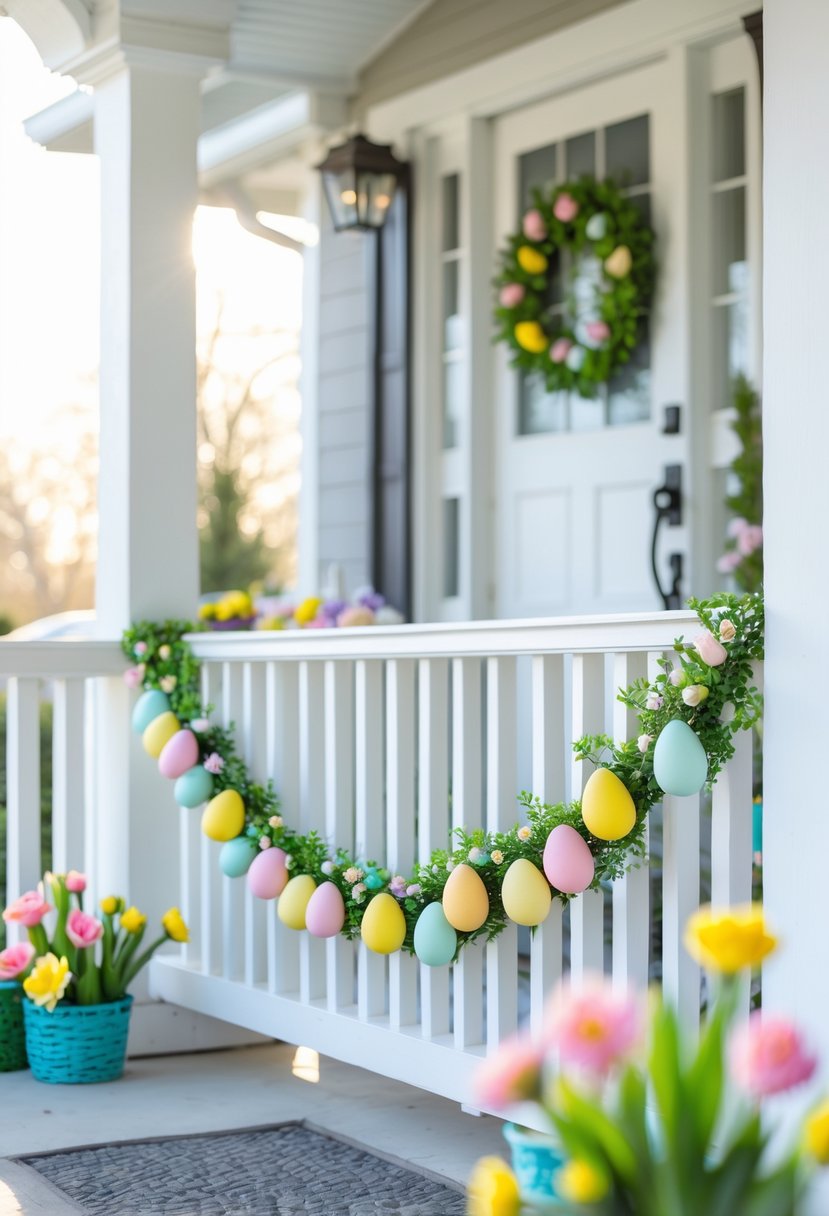 A spring porch with a colorful Easter garland hanging on the white wooden railing and potted flowers near the front door.