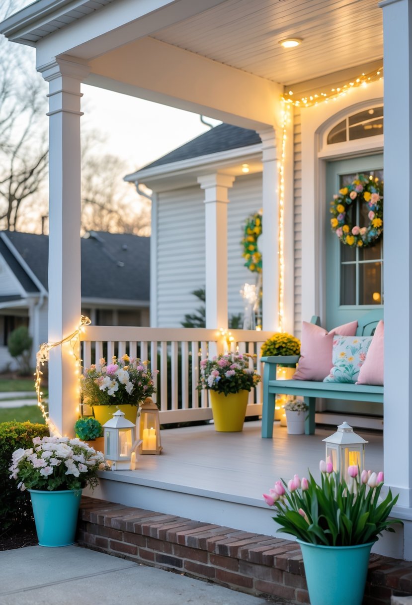 A front porch decorated with string lights, potted spring flowers, and simple lanterns during daytime.
