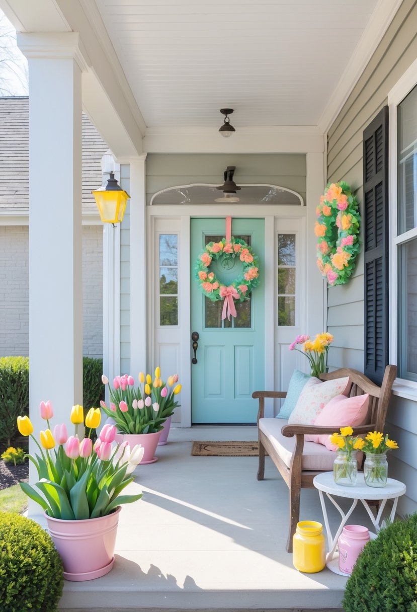 A spring porch decorated with colorful flower pots, handmade wreaths, a wooden bench with cushions, and fresh flowers in jars.