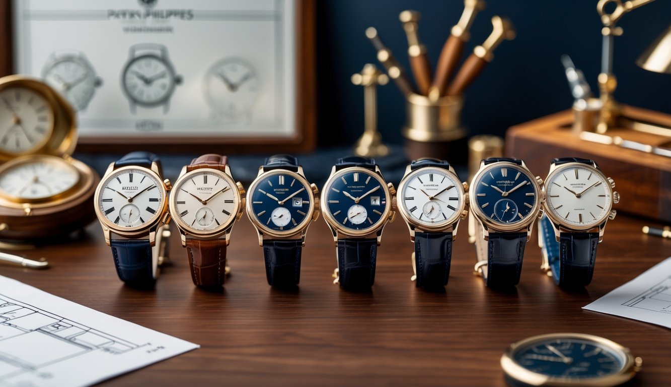 Beberapa jam tangan Patek Philippe dari model klasik hingga modern tersusun rapi di atas meja kayu dengan alat pembuat jam antik di latar belakang.