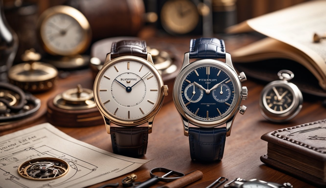 Dua jam tangan mewah dari Patek Philippe dan merek lain yang dipajang berdampingan di atas meja kayu dengan alat pembuat jam dan buku tua di sekitarnya.