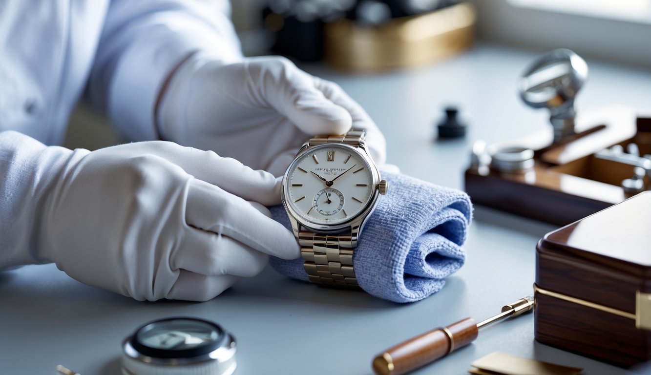 Tangan seseorang sedang membersihkan jam tangan mewah Patek Philippe dengan kain lembut di atas meja kerja yang rapi.
