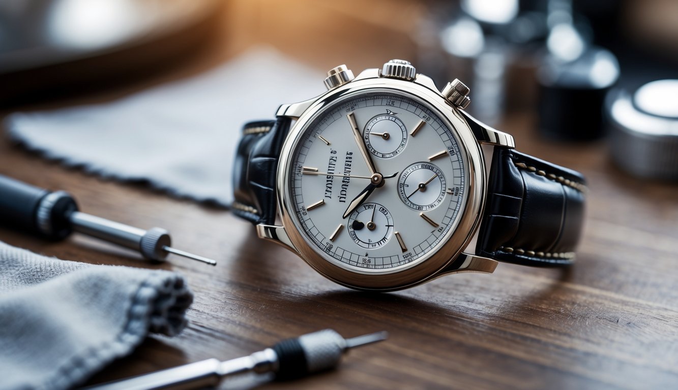 Foto close-up jam tangan mewah Patek Philippe di atas meja kayu dengan alat perawatan jam di sekitarnya.