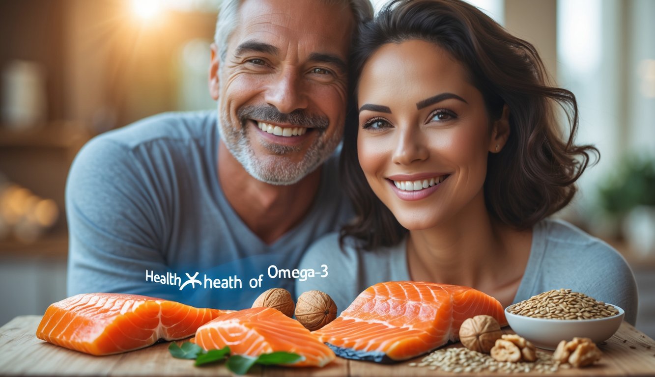 Seorang pria dan wanita sehat tersenyum dengan makanan kaya Omega-3 seperti salmon dan kacang-kacangan di depan mereka.