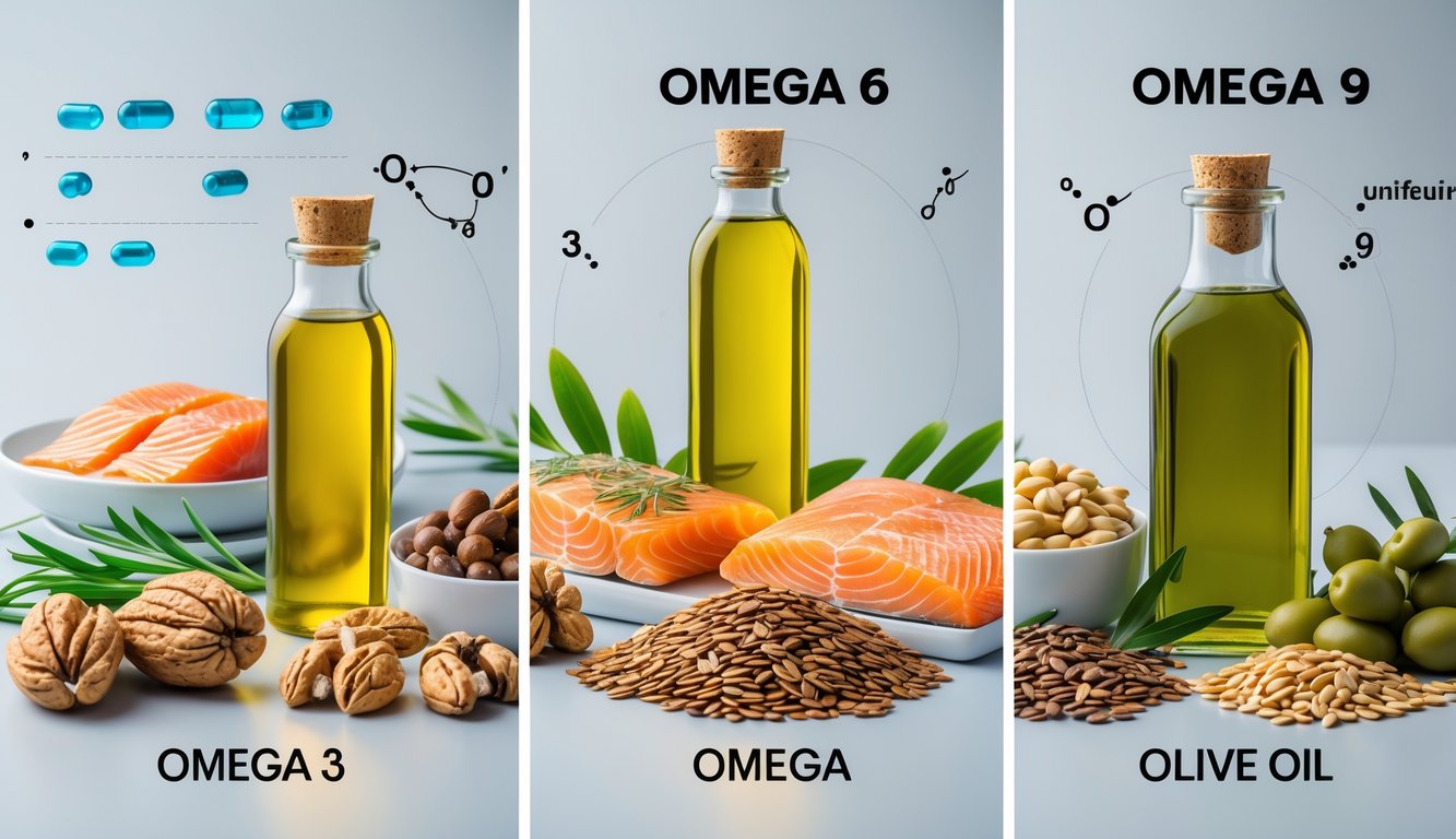 Tiga kelompok makanan yang mewakili Omega 3, 6, dan 9, termasuk ikan, kacang-kacangan, dan minyak zaitun, disusun rapi di atas latar belakang bersih.
