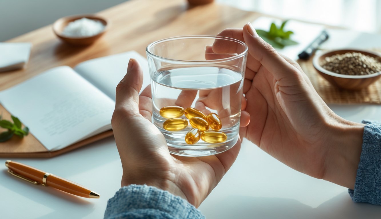 Tangan memegang gelas air dan kapsul omega-3 dengan latar belakang meja kayu berisi buku catatan, pena, dan mangkuk kecil berisi ikan segar atau biji rami.