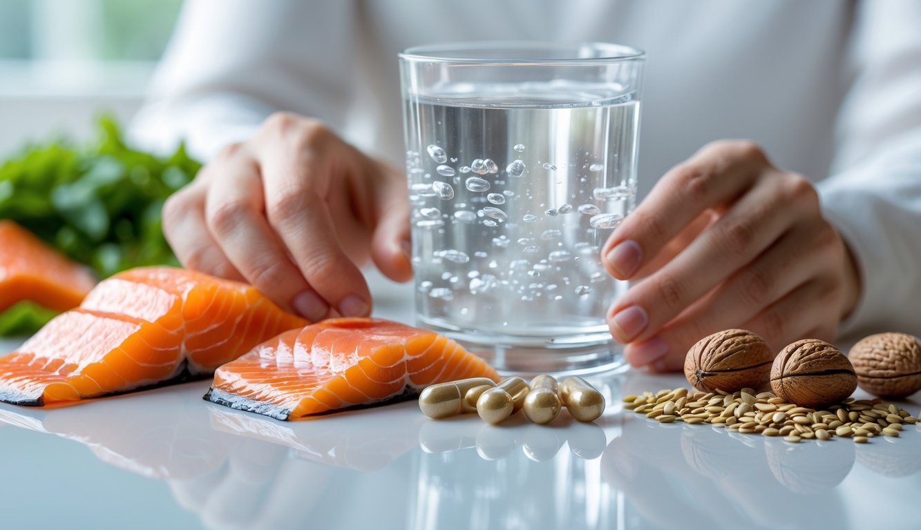 Tangan memegang gelas air dengan kapsul Omega 3 di atas meja bersama salmon, kenari, dan biji rami.