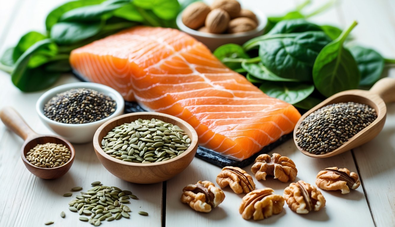 Berbagai makanan sehat yang mengandung Omega-3 seperti salmon, biji chia, kenari, biji rami, dan daun bayam yang tersusun rapi di atas meja.