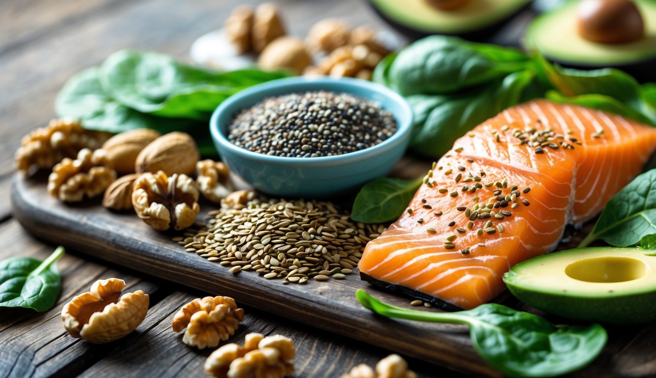 Berbagai makanan segar yang mengandung Omega 3 seperti salmon, kenari, biji chia, bayam, dan alpukat di atas meja kayu.