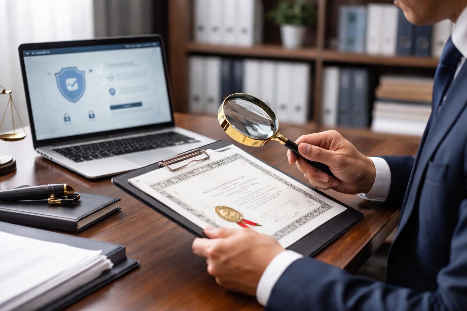 یک فرد حرفه‌ای در دفتر با مدرک رسمی در دست و لپ‌تاپ در حال بررسی و استعلام مدارک